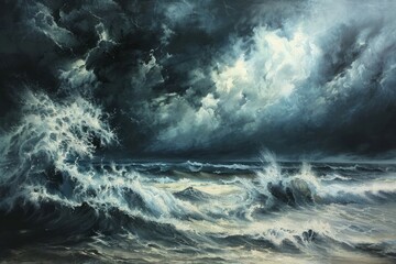 Stormy ocean under dramatic sky turbulent seas. Neural network AI generated