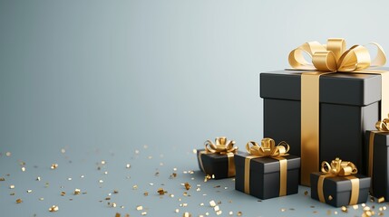 A collection of black gift boxes adorned with shimmering gold ribbons is beautifully arranged. The elegant presentation creates an inviting atmosphere, perfect for celebrations and special moments.