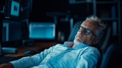 A male worker is comfortably sleeping at his desk surrounded by computer screens in a quiet, dimly lit office late at night. Overwork and night shift concept.
