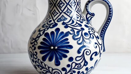 Ceramic jug adorned with intricate blue floral patterns on a light background