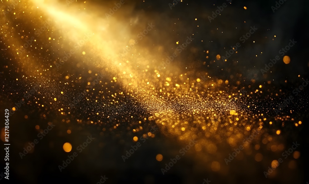 Poster golden dust particles shine in a dark space creating an abstract magical effect