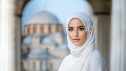 A beautiful Muslim woman is captured candidly in a close-up portrait, wearing a white hijab. She stands against the backdrop of an impressive mosque, highlighting a serene atmosphere.