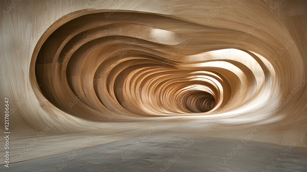 Poster abstract wooden tunnel showcasing intricate texture and flowing curves, creating an immersive space 