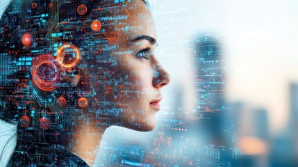 A futuristic portrait blending technology and human features, symbolizing innovation.