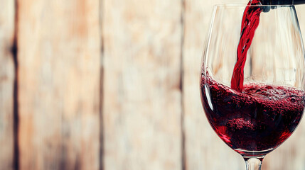  A glass of red wine is being poured into a wine glass On the side of the glass is the word rain
