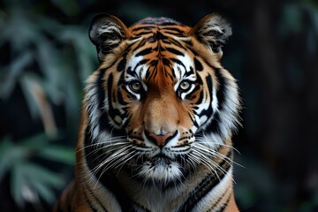 Fototapeta premium Majestic Bengal tiger portrait showcasing intense blue eyes and detailed facial features against dark background, perfect for wildlife and conservation projects.