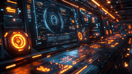 Obraz premium Futuristic Spaceship Bridge: Neon Lights and Advanced Technology