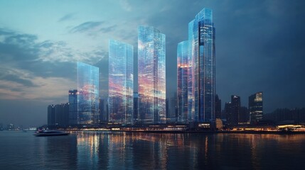 Naklejka premium Towering buildings adorned with transparent screens projecting virtual art creating a dynamic canvas that changes with the time of day.