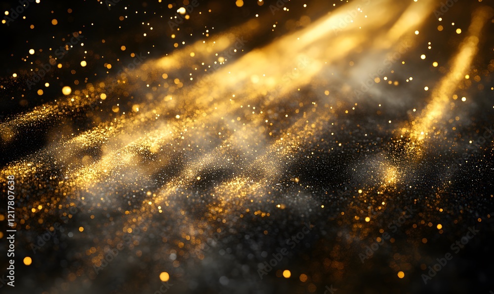 Poster golden particles and dust floating in a dark abstract background with a light rays