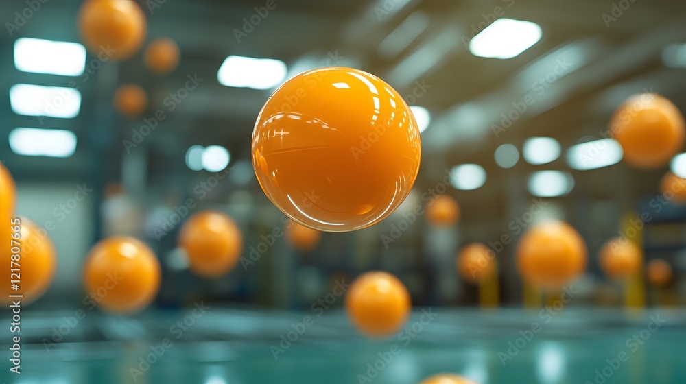 Poster vibrant orange spheres hovering against a softly focused industrial background, creating a playful a