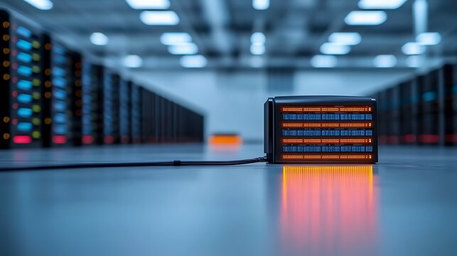 Data center server room, glowing code box, background servers, technology concept