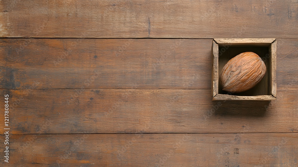 Poster rustic dark wooden surface with a single cocoa pod in a small crate on a table background, perfect f