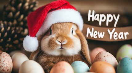 A cute bunny wearing a festive Santa hat is positioned among various colorful Easter eggs. "Happy New Year" card, blending holiday themes of Easter and New Year.