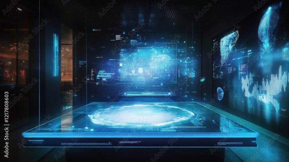 Poster interactive holograms of futuristic classrooms adapt to individual learning styles reflecting innova