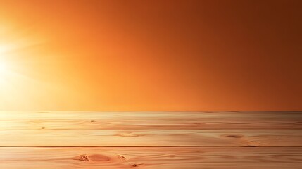 Obraz premium Warm Sunrise Horizon Over Wooden Surface with Gentle Light Reflections, Ideal for Calm and Inviting Backgrounds and Nature-Inspired Themes