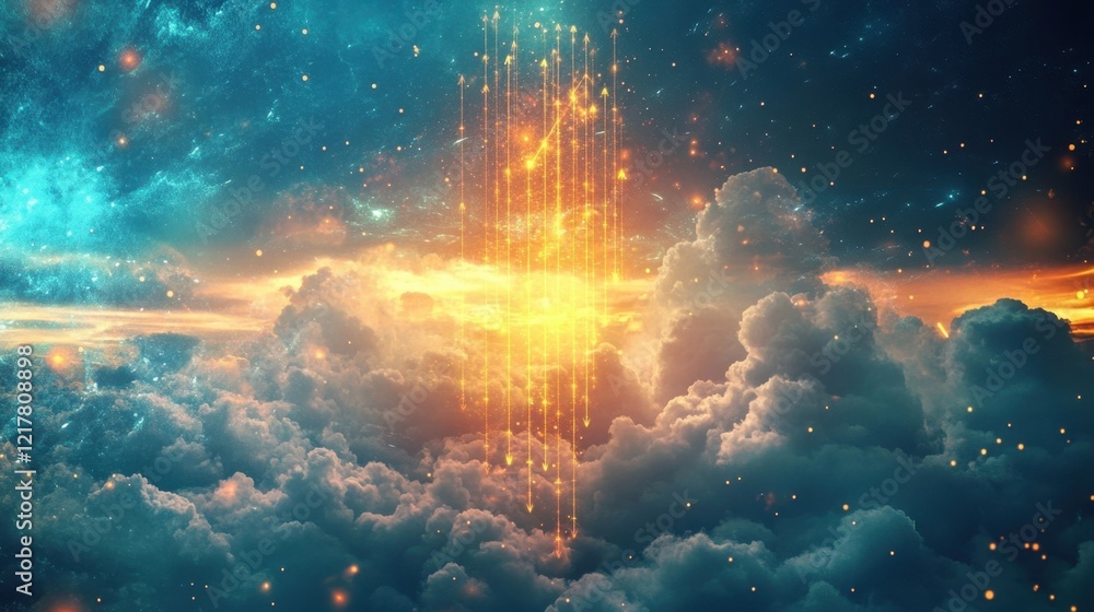 Poster golden energy beams are descending from outer space, passing through a layer of clouds and illuminat