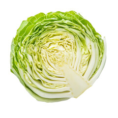 Fototapeta premium Freshly sliced cabbage showcasing vibrant green layers against a transparent background, perfect for healthy meals and recipes, Slice cabbage on transparent background background
