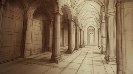 Fototapeta premium A detailed illustration of an architectural corridor with columns and arches.