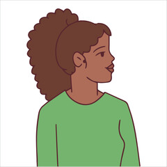 black history month. A side profile of a young Black woman with voluminous curly hair in a green shirt. Embracing natural beauty