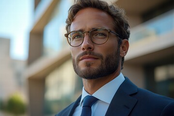 Fototapeta premium Businessman in a suit stands confidently outside a modern building during the day