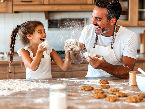Joyful father and daughter playfully toss flour while baking cookies in a bright kitchen.  Captures heartwarming family moments and the fun of cooking together.