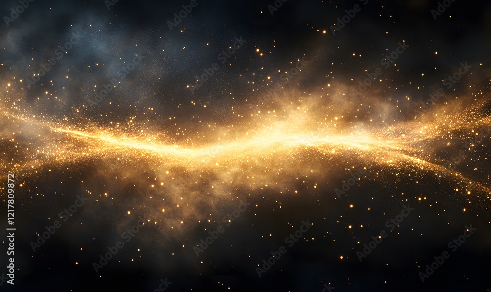 Poster a dazzling stream of golden particles flows across a dark cosmic backdrop creating a surreal effect
