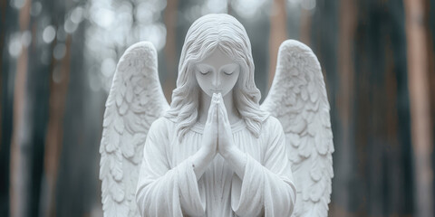 Praying spiritual angel figurine in scenic forest landscape background. Faith in God, Christianity church, pray, lent, religion concept. All saints day.  