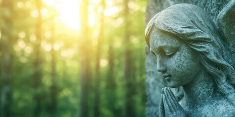 Obraz premium Praying spiritual angel figurine in scenic forest landscape background. Faith in God, Christianity church, pray, lent, religion concept. All saints day. 