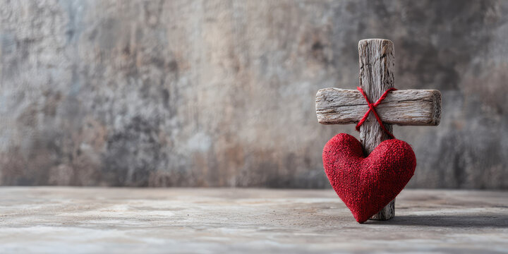 Wooden orthodox cross and cute heart. The concept of spiritualistic love, the love of god. Faith in the heart.