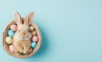 A fluffy bunny is comfortably nestled in a wicker basket surrounded by brightly colored eggs. The light blue background adds a cheerful touch to the serene moment, perfect for springtime vibes.