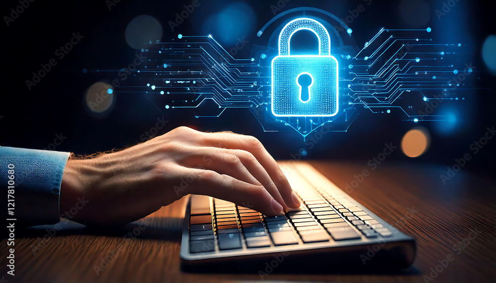Poster cybersecurity concept: a hand types on a keyboard with a glowing digital padlock hovering above, sym