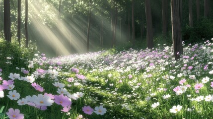 Fototapeta premium Sunlight Beams Illuminate a Flower-Filled Forest Glade Generative AI