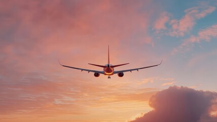 Obraz premium Passenger jet gliding above colorful sunset clouds, illuminated by warm golden orange light against dramatic evening sky backdrop