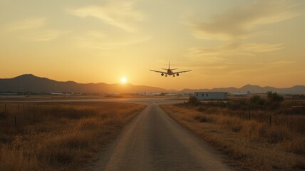 Passenger jet gliding above colorful sunset clouds, illuminated by warm golden orange light against dramatic evening sky backdrop