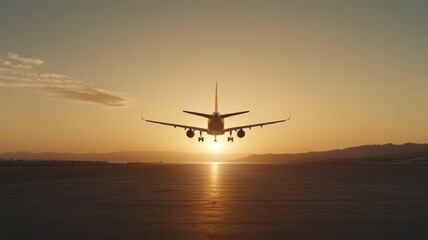 Passenger jet gliding above colorful sunset clouds, illuminated by warm golden orange light against dramatic evening sky backdrop