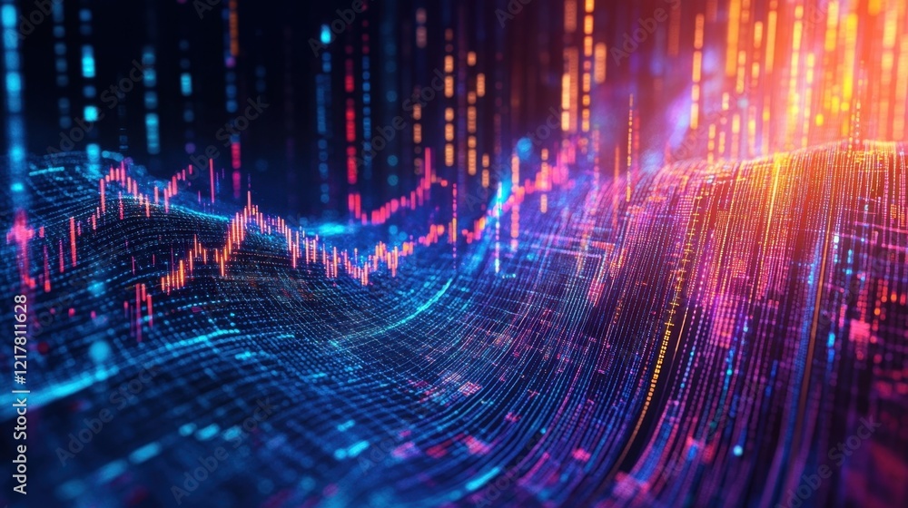 Poster a swirling vortex of graphical algorithms and market data captured in iridescent hues representing t