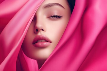 Naklejka premium Elegant portrait of a young woman draped in soft pink fabric showcasing beauty and serenity