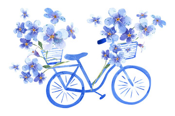 Watercolor bike, bicycle floral illustration set - blue flowers, garden collection, for wedding stationary, greetings, wallpapers,  background.