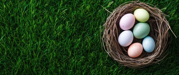 Top sown view of a cozy nest contains vibrant, decorated Easter eggs, resting on a lush green grass background in celebration of spring. The scene captures the essence of holiday joy and renewal.