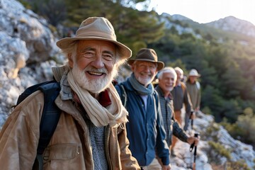 Elderly Men Bonding on a Mountain Hike: Promoting Health, Exploration, and Comradery