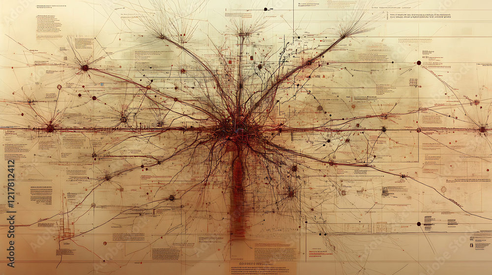 Poster intricate network graphic, resembling a complex map or neural system. antique parchment texture with