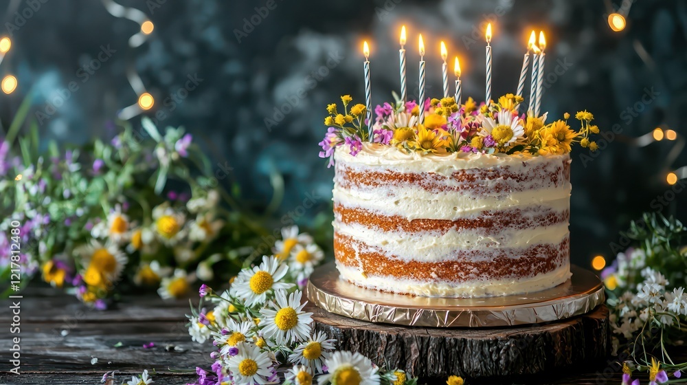 Wall mural Festive birthday cake on a rustic table with wildflowers and decorative fairy lights