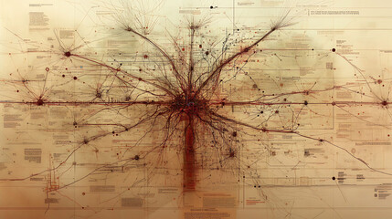 Intricate network graphic, resembling a complex map or neural system.  Antique parchment texture with red and beige tones creates a vintage, artistic feel.