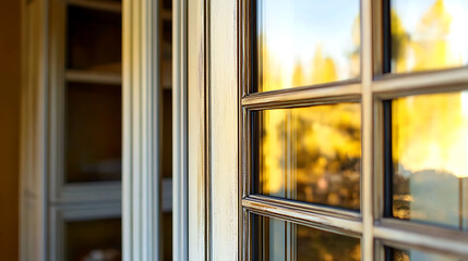 Closeup of elegant, multipaned window with warmtoned wood frame.  Soft, sunlit background blurs into a dreamy bokeh. Perfect for interior design, home improvement, or real estate websites.