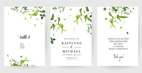 Herbal minimalist vector banners. Hand painted plants, branches, leaves on a white backgrounds. Greenery wedding simple templates. Watercolor style cards. All elements are isolated and editable