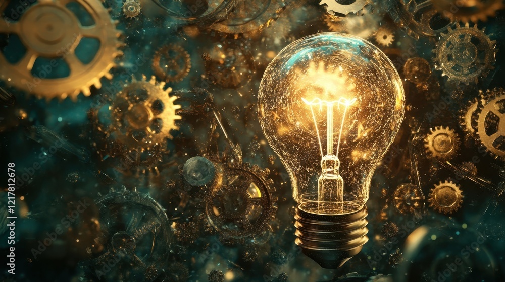 Aufkleber a holographic light bulb surrounded by cascading gears and cogs signifying the mechanics of idea gen