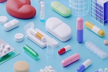 Graphic layouts showcasing diverse pharmaceuticals and health products for advertising purposes
