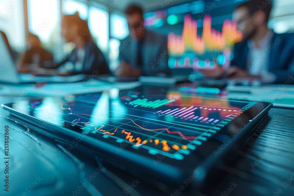 Poster business people analyzing kpi strategies and data analysis on colorful graphs on chart tablet