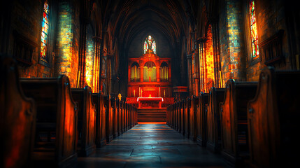 Fototapeta premium Dramatic interior shot of a church, showcasing stainedglass windows and wooden pews bathed in warm, golden light. Perfect for concepts of faith, spirituality, peace, or historical architecture.
