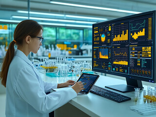 A focused female scientist analyzes data on a large monitor and tablet in a modern lab setting.  The vibrant, futuristic interface showcases complex charts and graphs.